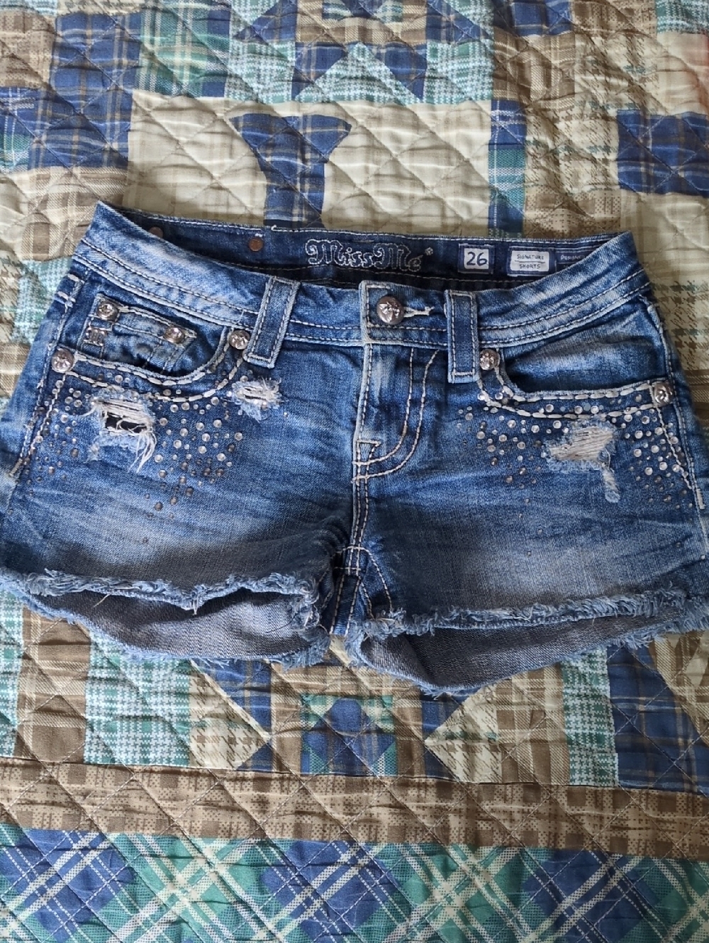 Miss Me Distressed Blue Studded Denim Shorts